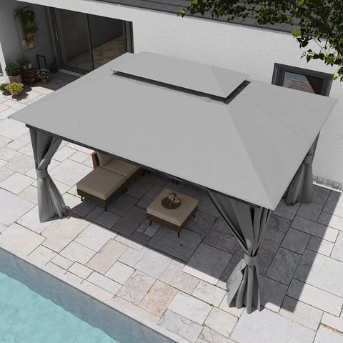 10x13 Outdoor Gazebo With Double Roofs Mosquito Netting And Privacy Screens Heavy Duty Metal Frame Wind Resistant Up To Level 6 Easy Set Up Patio Canopy Shelter For Backyard Garden Or Lawn Gray installed by the poolside