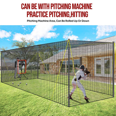 Portable Baseball And Softball Batting Cage 22ft By 12ft By 8ft With Pitching Machine Hole Detachable Door in backyard