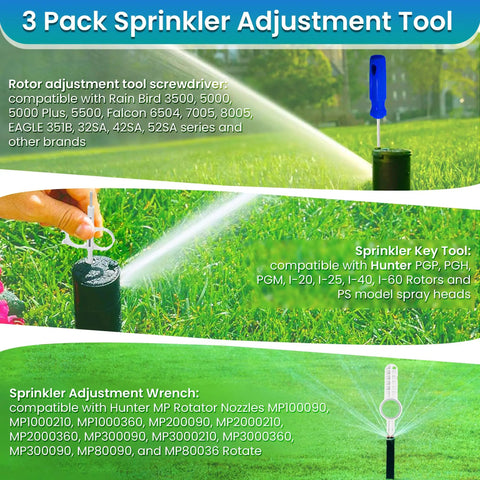 Three Pack Sprinkler Adjustment Tools Kit For Hunter PGP MP And Rain Bird 5000 Heads Including Rotor Adjustment Tool And Wrench