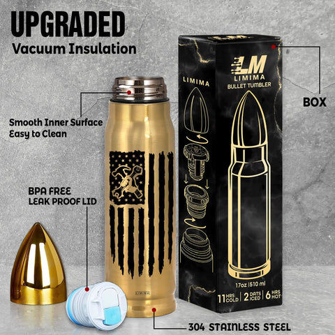 17oz Gold Stainless Steel Tumbler With American Flag Tool Design And I Fix Stuff And I Know Things Phrase next to box and lid