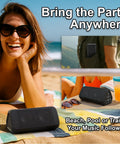 Big Bass Portable Bluetooth Speaker With 14 Watts Of Power And Room-Filling Sound For Outdoors And Home displayed on beach