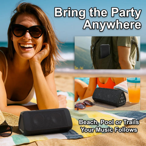 Big Bass Portable Bluetooth Speaker With 14 Watts Of Power And Room-Filling Sound For Outdoors And Home displayed on beach