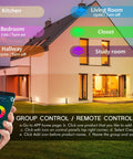 Smartphone app controlling Six Pack 3-Inch Smart WiFi Recessed LED Lights RGBCW Color Changing in various home rooms.
