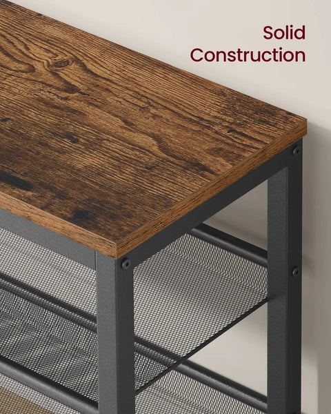 Rock Solid Three Tier Shoe Rack Bench With Heavy Duty Steel Frame And Rustic Plank Shelves Featuring Protective Raised Edges For Mudroom Seating Or Living Room Chill Spot - close-up of rustic plank top