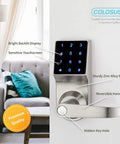 No More Keys Keyless Door Lock With Touchscreen Key Fobs Remote Control And PIN Entry For Home Office Or Commercial Use Four Entry Modes RFID Easy Install Durable Silver Finish with backlit display and zinc alloy exterior