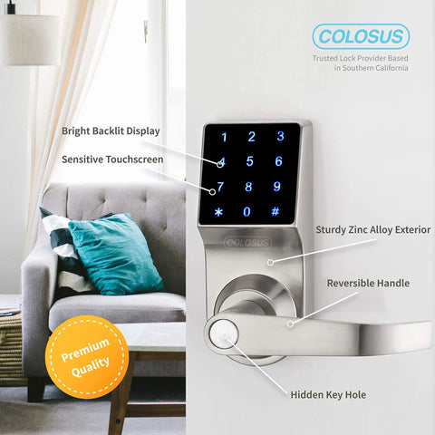 No More Keys Keyless Door Lock With Touchscreen Key Fobs Remote Control And PIN Entry For Home Office Or Commercial Use Four Entry Modes RFID Easy Install Durable Silver Finish with backlit display and zinc alloy exterior