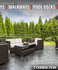 5 Gallon High Gloss Wet Look Solvent Based Acrylic Concrete Sealer on a stylish patio with black pavers and outdoor furniture.