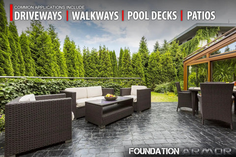 5 Gallon High Gloss Wet Look Solvent Based Acrylic Concrete Sealer on a stylish patio with black pavers and outdoor furniture.
