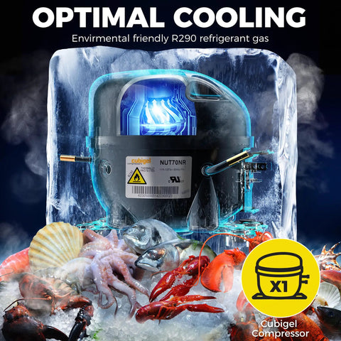 No Fuss Heavy Duty Cold Locker 72 Inch Commercial Freezer Three Door Solid Build Fifty Four Cubic Feet with R290 compressor.
