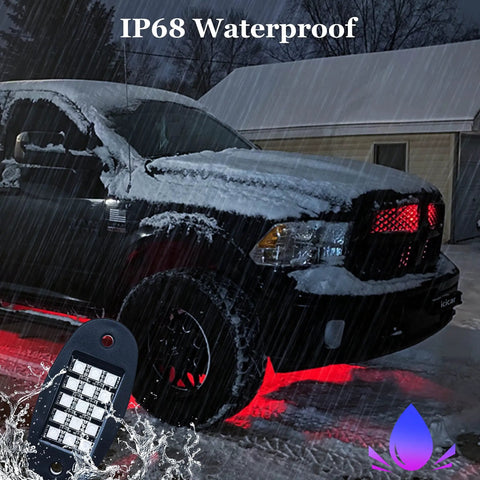 Rock Lights Kit Dope With 16 Million Colors App Control And Music Sync, IP68 Waterproof RGB LED Pods on snowy truck