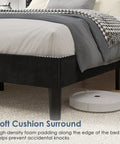 Full Size Platform Bed Frame With Height Adjustable Tufted Upholstered Headboard Modern Mattress Foundation Heavy Duty Wooden Slats No Box Spring Needed Zero Hassle Setup Jet Black showing soft cushion surround padding.