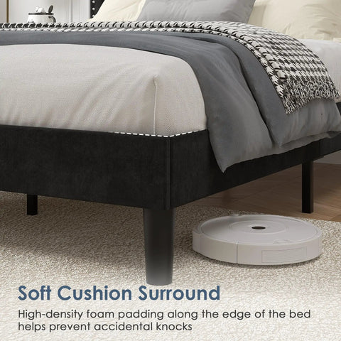 Full Size Platform Bed Frame With Height Adjustable Tufted Upholstered Headboard Modern Mattress Foundation Heavy Duty Wooden Slats No Box Spring Needed Zero Hassle Setup Jet Black showing soft cushion surround padding.