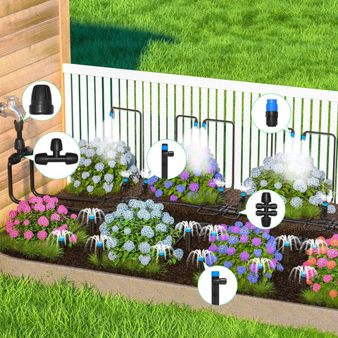 230 Foot Quick Connect Drip Irrigation Kit With adjustable nozzles and sprinklers set up in a garden.
