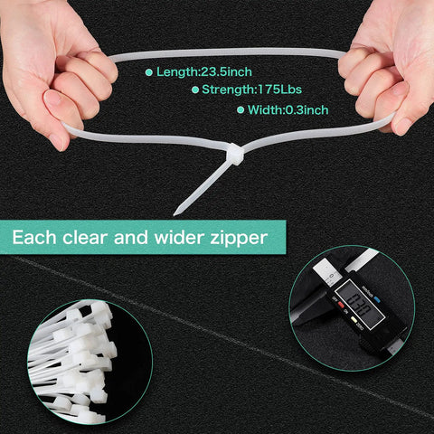 Heavy Duty Zip Ties 50 Pack 24 Inch Nylon Cable Ties For Outdoor Use Industrial Strength White Tie Wraps shown with specifications