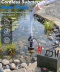 Rock Solid 12V DC Submersible Water Pump Delivering 1100GPH Flow And 16FT Lift With 6.6FT Hose plus grip clamps by a pond.