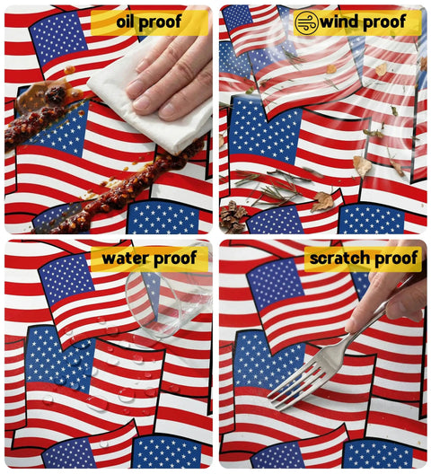 Waterproof Picnic Table Cover With Bench Covers Set For 72x30 Table And 72x12 Benches A Fitted Outdoor Tablecloth With American Flag Design, showing oil, wind, water, scratch proofing
