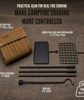 Swivel Grill Set For Campfire Cooking In The Great Outdoors with canvas carry bag, griddle pan, grill grate, vertical extensions, hook arm.