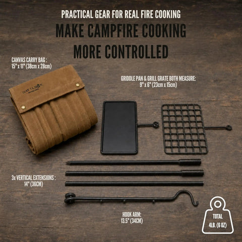 Swivel Grill Set For Campfire Cooking In The Great Outdoors with canvas carry bag, griddle pan, grill grate, vertical extensions, hook arm.