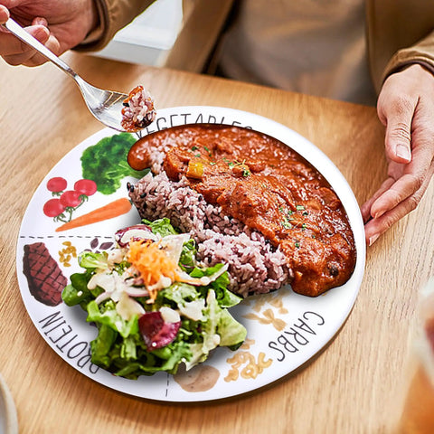 Person using 9 Inch Portion Control Plate For Healthy Eating And Weight Loss - Melamine Dinner Plate For Adults And Teens, Ideal For Diabetes Management, 2 Pack, Go-To Tool For Meal Planning And Diabetes Friendly Meals filled with protein, vegetables, and carbs.