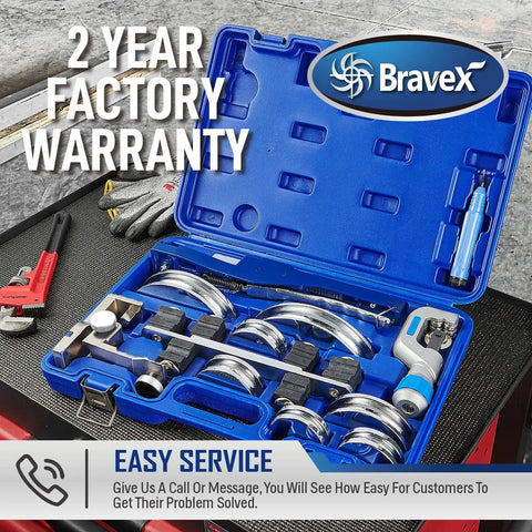 Heavy Duty Tube Bender Kit For HVAC And Auto Repair, One Quarter To Seven Eighths Inch Tube Bender in blue case with tools