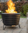 Smokeless 25 Inch Wood Burning Outdoor Fire Pit with Removable Ash Pan, Sturdy Stand on patio with flames