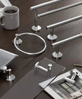 Latitude II 24-Inch Wall Mounted Towel Bar In Chrome For Modern Bathrooms, Premium Metal Construction Towel Holder Displayed on Dark Wood
