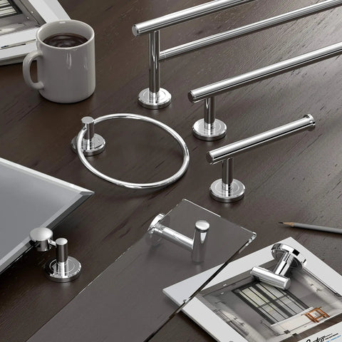 Latitude II 24-Inch Wall Mounted Towel Bar In Chrome For Modern Bathrooms, Premium Metal Construction Towel Holder Displayed on Dark Wood
