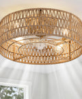 Retro BoHo Flush Mount Ceiling Fan With Open Caged Design And Integrated Warm Led Lighting in a beige rattan finish, compact size.