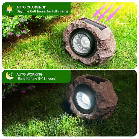 Solar Rock Lights Outdoor 2 Pack Lit Durable IP65 Waterproof Yard Pathway Lights With Auto On Off Function Weatherproof Decor