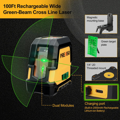 Laser Level With Tripod 100 Ft Rechargeable Dual Modules Line Laser Self Leveling Wide Angle Cross Line Tool For Construction And Tile Renovation Magnetic Base Target Plate And Carry Bag