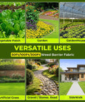 Versatile uses of weed barrier fabric for gardens, vegetable patches, garden houses, artificial grass, and sidewalks.
