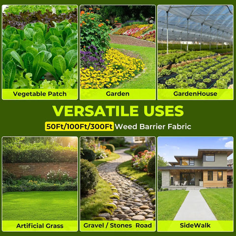 Versatile uses of weed barrier fabric for gardens, vegetable patches, garden houses, artificial grass, and sidewalks.