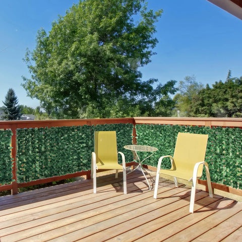 Faux Ivy Privacy Fence Screen 138 By 39 Inches with Realistic Artificial Ivy Leaves installed on a balcony railing