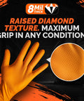 Heavy Duty 8 Mil Nitrile Gloves Chemical Resistant Tear Proof Work Gloves For Mechanics And Gardening 100 Pack. Orange gloves with raised diamond texture.