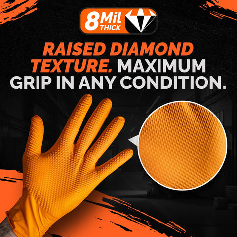Heavy Duty 8 Mil Nitrile Gloves Chemical Resistant Tear Proof Work Gloves For Mechanics And Gardening 100 Pack. Orange gloves with raised diamond texture.