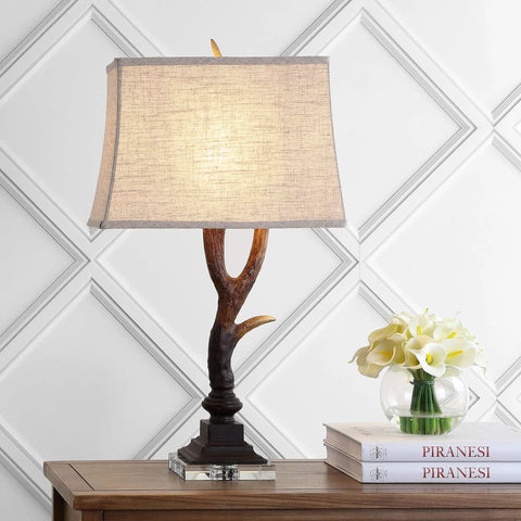 Rustic 29.5 Inch Antler Table Lamp With Brown Clear Faux Resin And Crystal Base Light Grey Linen Shade LED Bulb Included UL Listed For Cabin Decor That Elevates Cabin Living Vibe