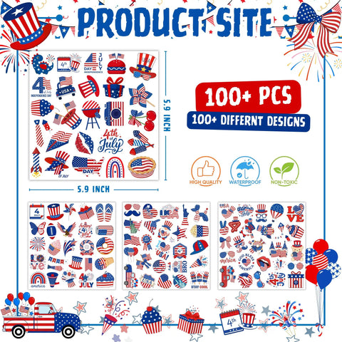 Lit Glow In The Dark 105 Piece Patriotic Temporary Tattoos Set For Independence Day Featuring American Flag Stars And Eagles overview