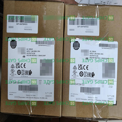 Boxes of New In Box 22F D4P2N103 4M 1.5kW 2HP AC Drive Frequency Inverter VFD 22FD4P2N103, labeled and ready for use.