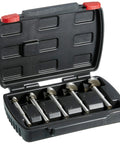 5 Piece Forstner Bit Set With A Badass Grip And Kickin Power High Speed Steel Woodworking Drill Bits in black case.