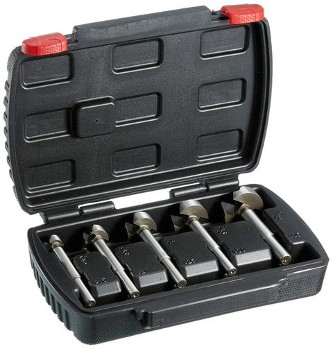 5 Piece Forstner Bit Set With A Badass Grip And Kickin Power High Speed Steel Woodworking Drill Bits in black case.
