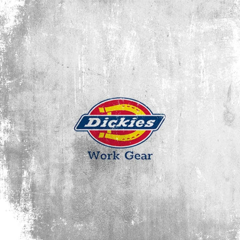 Logo of Dickies Work Gear on textured background.