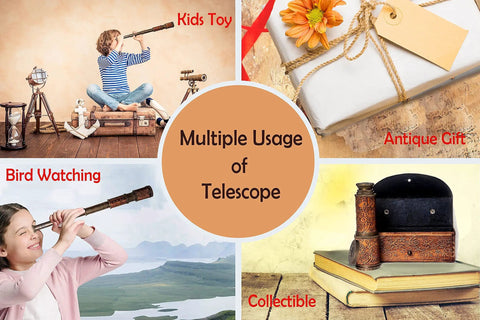 Old School Bronze Spyglass With Leather Case Seventeen Point Five Inch Brass Telescope For Nautical Fans And History Buffs Vintage Style Decor Gift For Collectors And Adventurers, shown with children using it