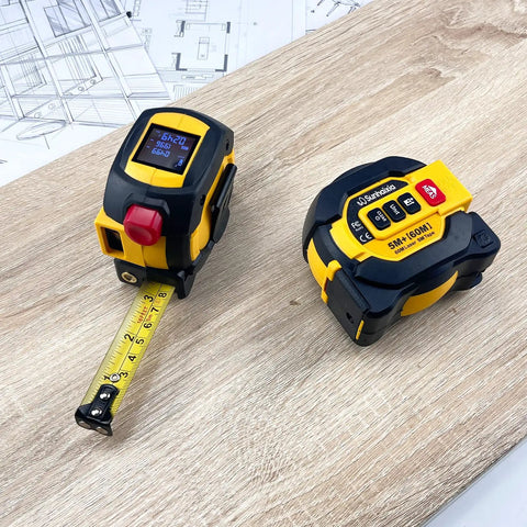 Pro Grade Laser Tape Measure With Integrated Crosshair Level 196 Ft Digital Range Finder Ip54 Waterproof Build Straight Shooting Layout Aid For No Fuss Job Site Work