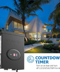 200W Low Voltage Landscape Transformer With Timer And Photocell Sensor Waterproof Ideal For LED Landscape Lighting Path Lights And Outdoor Spotlights From 120V To 12V ETL Listed shown with countdown timer against house at night.
