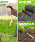 15 Inch Heavy Duty Thatch Rake With Two Row 29 Tines Metal Dethatcher Adjustable Handle With Ergonomic Grip in use on lawn
