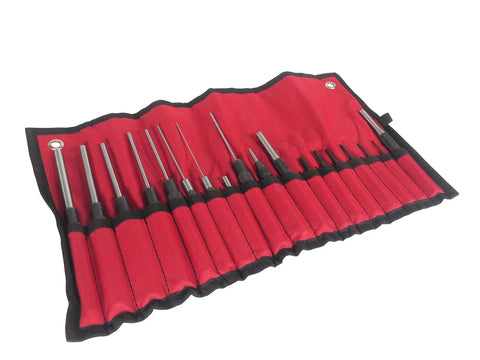 Tough As Nails 18 Piece Roll Pin Punch Set With 8 Inch Long And 4 Inch Short Pins sized 1/16 to 3/8 inch in canvas roll.