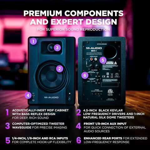 Zero Latency Wired 4.5 Inch Studio Monitors And PC Speakers with Kevlar woofer, front inputs, and tweeter in studio setting.