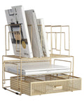 Gold Metal Desk Organizer With Drawer And Mesh File Holder For Papers And Folders Vertical File Organizer Desktop Storage