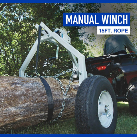 Heavy Duty Atv Log Skidding Arch Rated One Thousand Pounds Features Rugged Steel Build Smooth Pneumatic Wheels Quick Lock Hitch Coupler Hand Winch With Fifteen Foot Poly Strap Built To Yard Timber Like A Champ Without Breaking A Sweat
