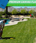Man practicing chipping with Three Pack Golf Flags For Backyard Practice And On The Go Chipping Drills on lawn